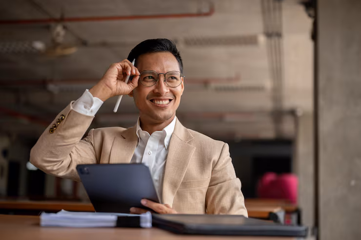 happy asian businessman smiles while holding digital tablet adjusts his glasses with one hand 67155 46182