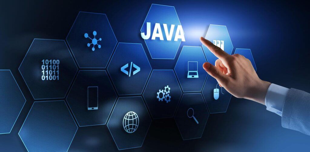 business man pushing on a touch screen interface java programming concept virtual machine photo