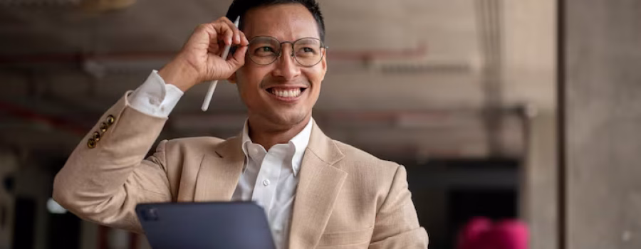 happy asian businessman smiles while holding digital tablet adjusts his glasses with one hand 67155 46182